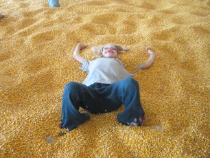 Mykala playing in the corn pit at Sever's Corn Maze
