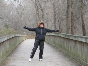 Corinne on a the long wooden bridge