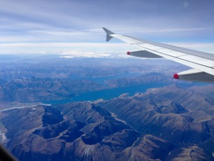 Flying into Queenstown with a view of Lake Wanaka and Lake Hawea