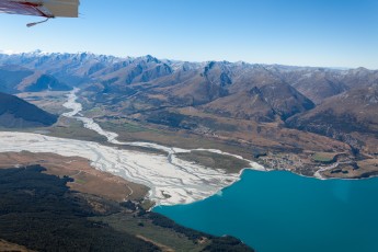 View of the town of Glenorchy and the (drought-stricken) Dart River from the plane