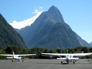 The plane that took us to Milford Sound, Mitre Peak in background